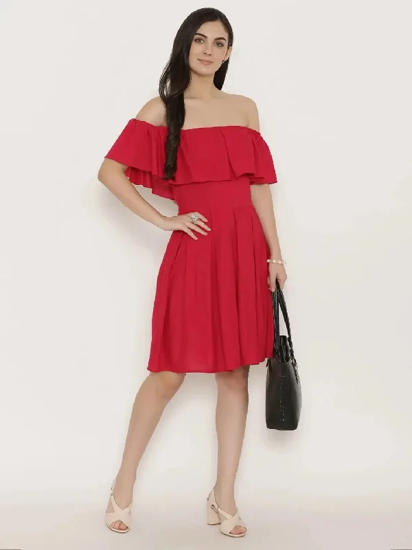 Off shoulder box pleat dress in Red Tunics Timeless classic