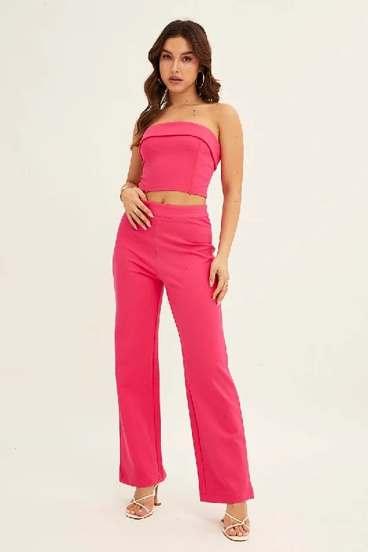 Pink High Waist Pant Straight Leg Fashionable Tapered Leg Pants