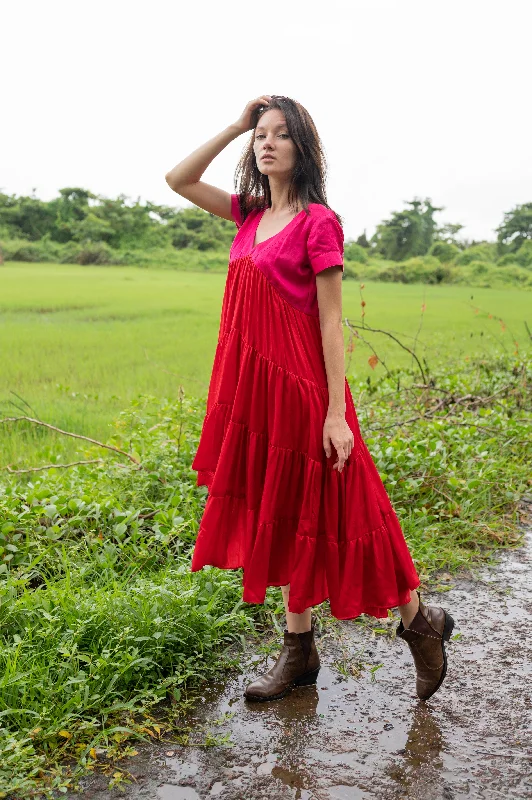 Red Pink Asymmetrical Dress Tunics Bridal satin