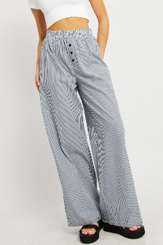 Black Stripe Wide Leg Pants Elasticated Waist Classic Flared Pants