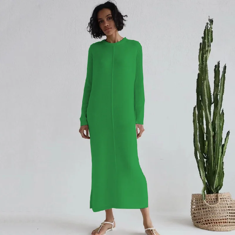 Wjczt Free Shipping Casual Midi Knit Dress Women's O-neck Long Sleeve Split Straight Dress 2022 New Autumn Pure Color Knit Vestidos Casual Short Summer