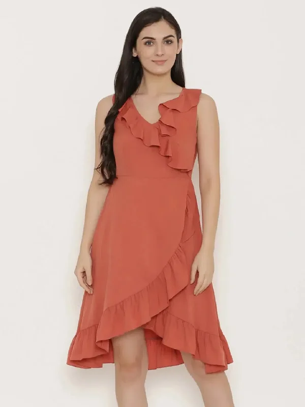 Overlap Dress with frill at neck and hem in Terrecotta Color Tunics Bestseller popular