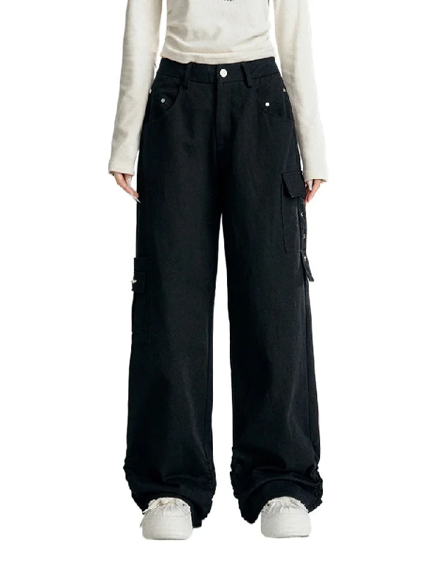 Black & Khaki Wrinkled Utility Wide-leg Pants Fashionable Tapered Leg Pants