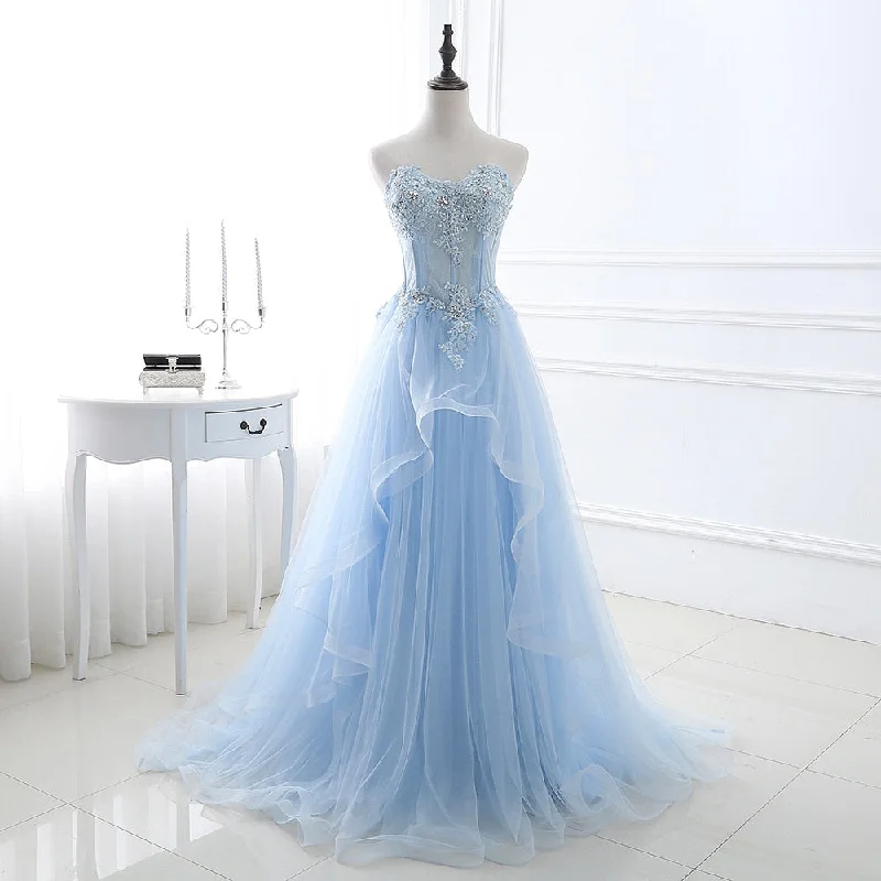 Wjczt Light Blue Prom Dresses Long Sexy Sweetheart A-Line Tulle Lace Applique Beaded Crystal Women Formal Party Gown Tunics Print Colorful