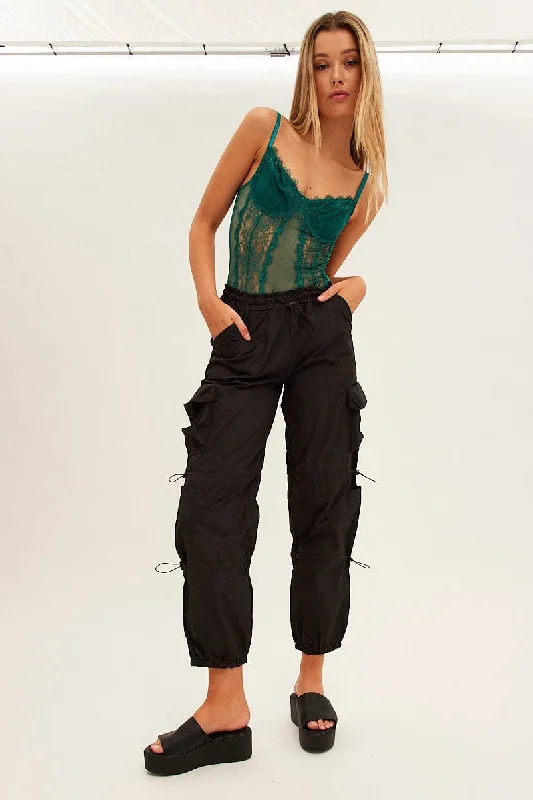 Black Low Rise Cargo Pants Comfortable Denim Trousers