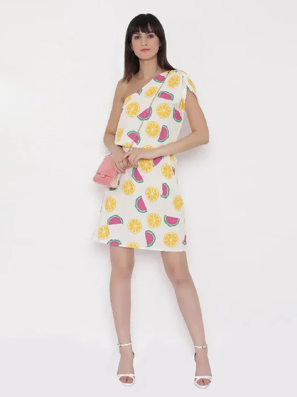 One shoulder Fruit Printed Dress with blouson waist in Off white Tunics Exclusive limited