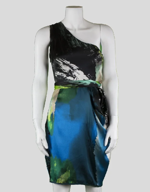 Black Halo One Shoulder To The Knee Abstract Print Silk Dress Size 4 Tunics Versatile functional