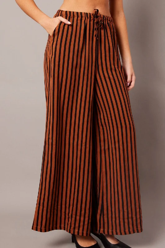 Brown Stripe Wide Leg Pants High Rise Soft Cotton Pants