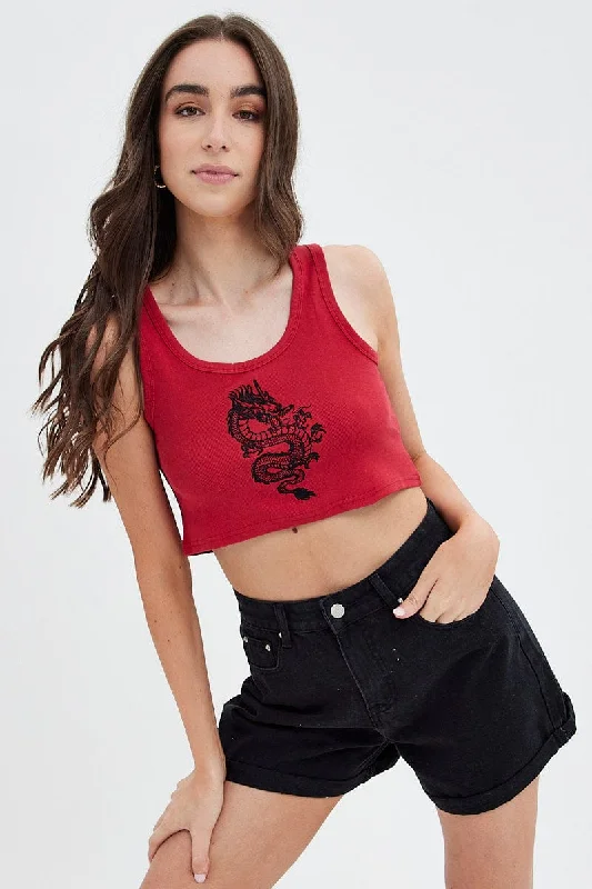 Red Rib Tank Top Dragon Embroidery athletic tank top