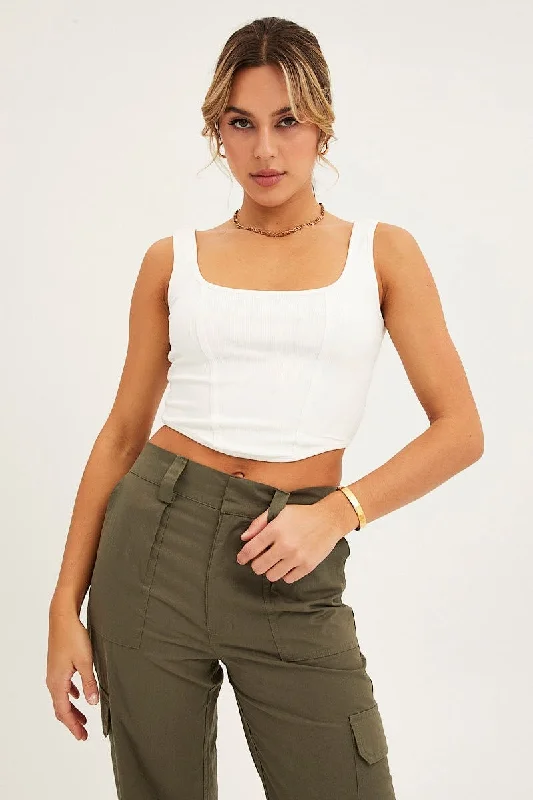 White Corset Crop Rib Curve Hem Tank strappy tank top