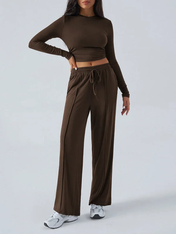 Women's Crew Neck Long Sleeve Top Wide Leg Pants Set Soft Stretch Trousers