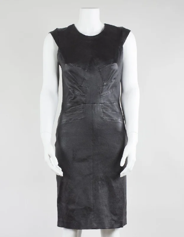 Rebecca Vallance Black Leather Capped Sleeve Shift Dress With Exposed Back Zipper Small Tunics Fashionable trendy