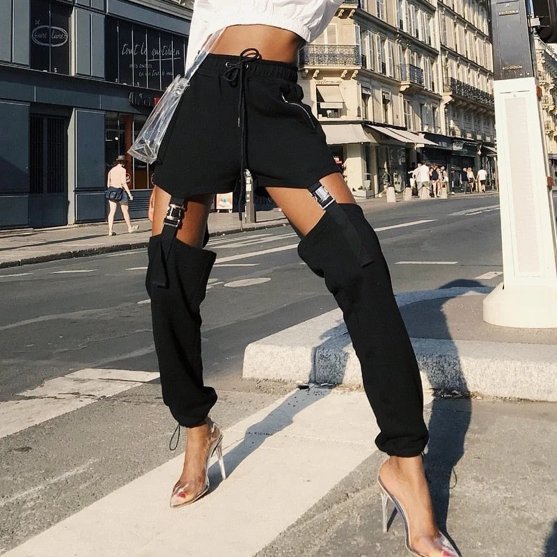 Black High Waist Hollow Thigh Buckle Long Loose Pants Soft Stretch Pants