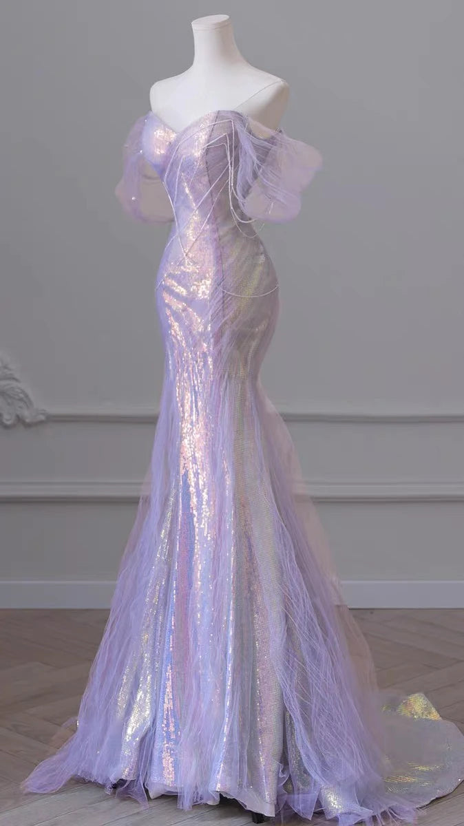 Wjczt Gorgeous Purple Blue Celebrity Dresses Pearl Beading Chain Off the Shoulder Mermaid Glitter Sequins Floor Length Saudi Prom Gown Tunics Prom sequined