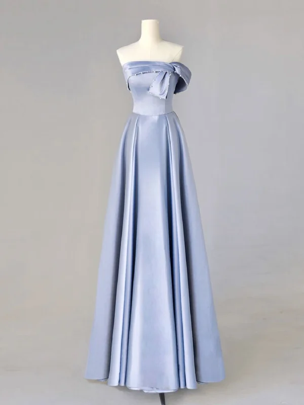 A-Line Blue Satin Long Prom Dresses, Blue Formal Evening Dresses Tunics Velvet soft