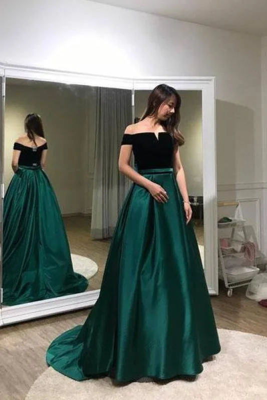 A-line Dark Green Off-the-shoulder Sweep Train Evening Dress Prom Gown Tunics Essential wardrobe