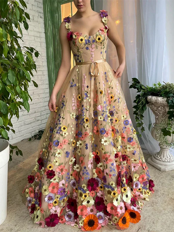 A Line Elegant Champagne Long Prom Dress With 3D Flowers, Sweetheart Neck Champagne Long Formal Evening Dresses Pleated Skirt Elegant