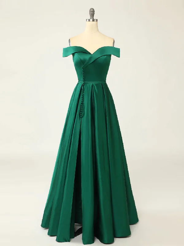 A-Line Green Off Shoulder Long Prom Dresses, Green Formal Evening Dresses Tunics Corduroy durable