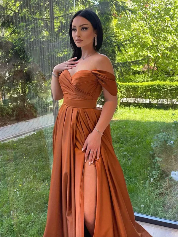 A Line Off the Shoulder Satin Long Prom Dresses, Simple Off Shoulder Formal Evening Dresses High-Low Hemline Casual