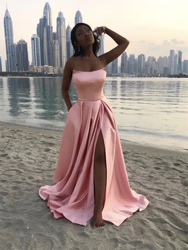 A Line Pink Satin Long Prom Dresses With Leg Slit, Pink Formal Evening Party Dresses Tunics Sale discount