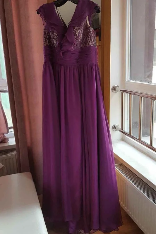 A-line Purple Cap Sleeves Floor-length Split Ruffles Chiffon Prom Dress Party Dresses Square Neckline Feminine