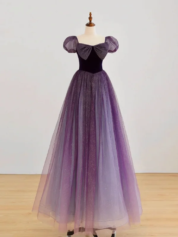 A-Line Purple Long Prom Dress, Purple Tulle Evening Dress Tunics Yoga stretchy