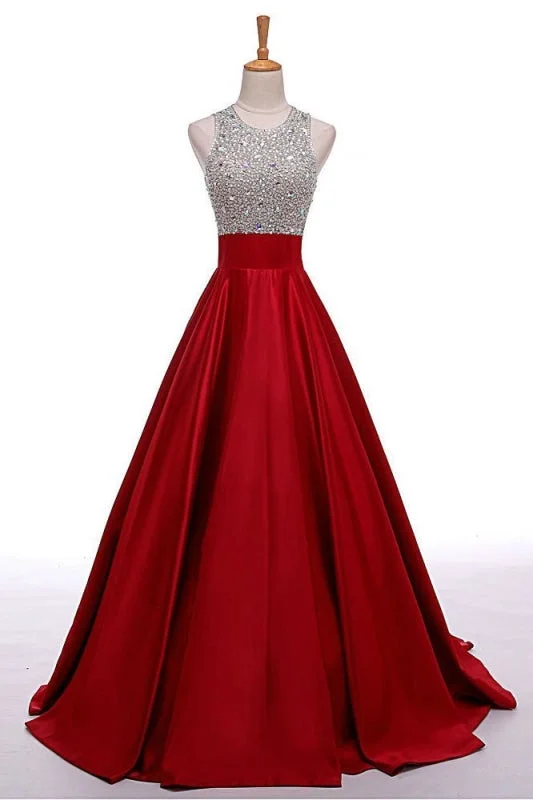 A-Line Round Neck Red Long Prom Dress with Beading Sleeveless Evening Dresses Tunics Occasion special