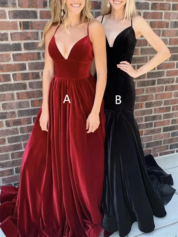 A Line Shining Velvet Deep V Neck Spaghetti Straps  Long Prom Dresses,  Black Mermaid Long Evening Dresses, Burgundy Long Formal Evening Dresses Tunics Wedding white