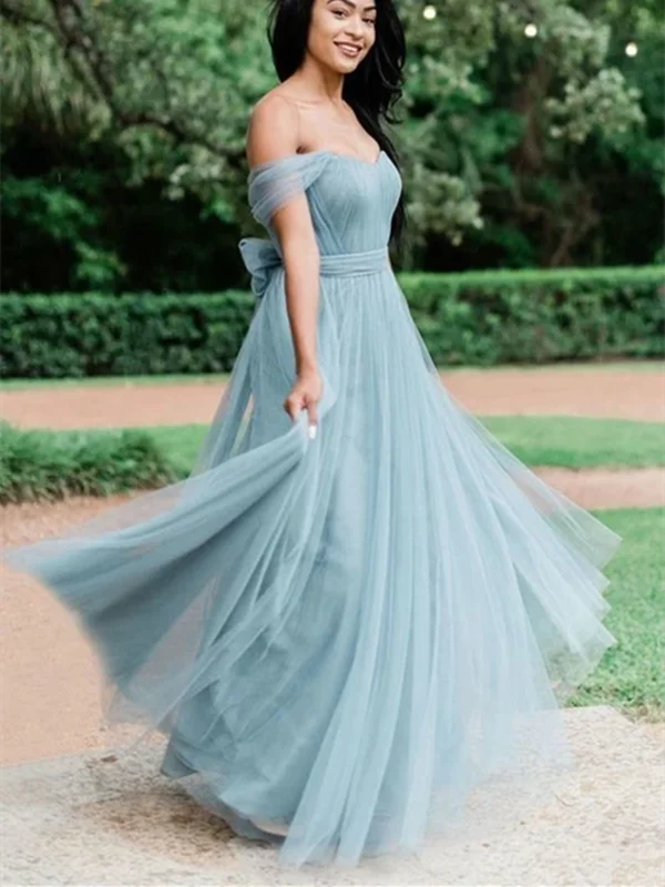 A Line Simple Pleated Off Shoulder Long Tulle Bridesmaid Dresses, Off The Shoulder Long Formal Evening Dresses, Long Tulle Prom Dresses Tunics Exclusive limited