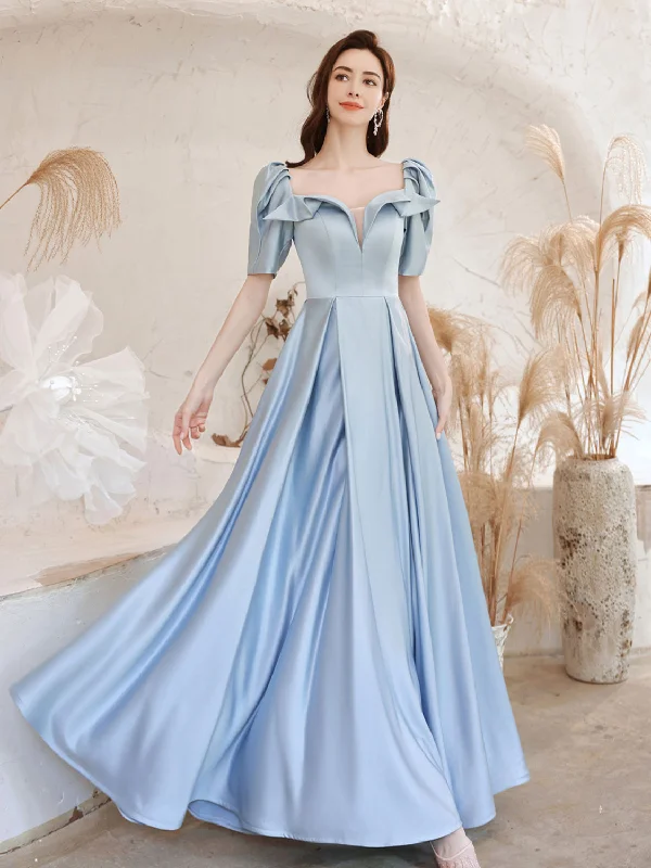 A-Line Square Neckline Satin Blue Long Prom Dress, Blue Evening Dresses Tunics Lace romantic