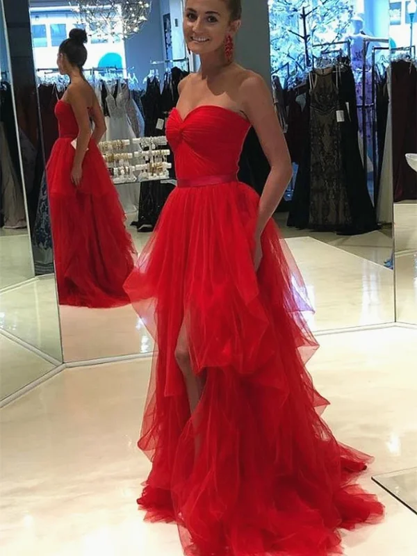 A Line Sweetheart Neck Red Tulle Long Prom Dresses, Sweetheart Neck Red Tulle Long Formal Evening Dresses Tunics Summer linen