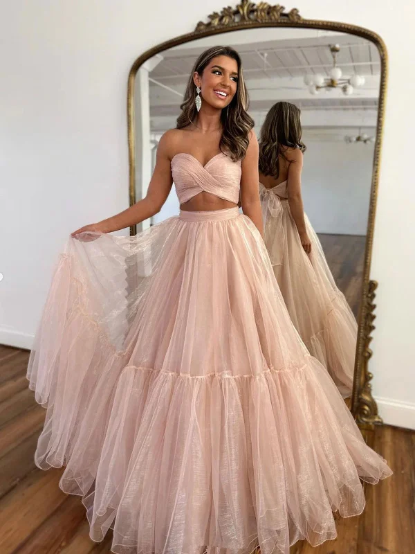 A Line Sweetheart Neck Two Pieces  Pink Tulle Long Prom Dresses, 2 Pieces Pink Formal Evening Dresses Tunics New arrival