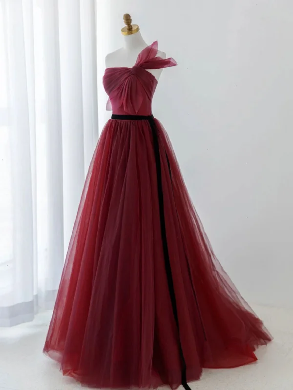 A-Line Tulle Burgundy Long Prom Dress, Burgundy Formal Evening Dress Tunics Distressed trendy