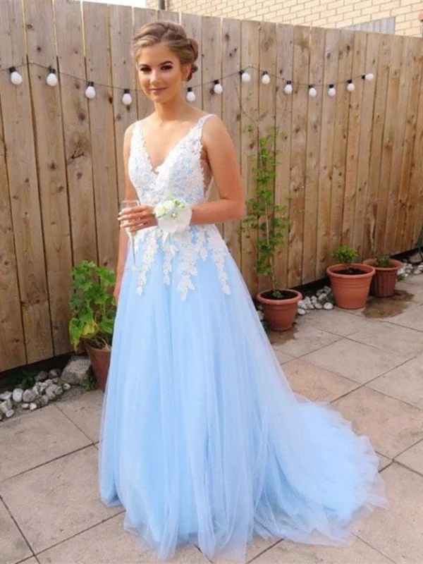 A Line V Neck Blue Lace Long Prom Dresses, Blue Lace Long Formal Evening Dresses Pencil Length Work