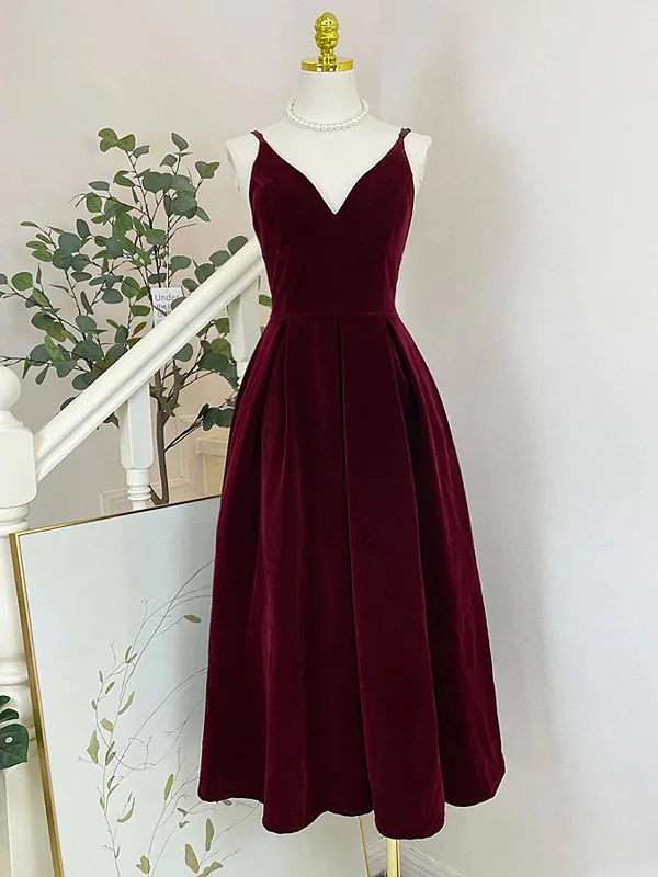 A Line V Neck Burgundy Velvet  Prom Dresses With Tea Length, Velvet Burgundy Open Back Formal Evening Dresses Tunics Modern contemporary