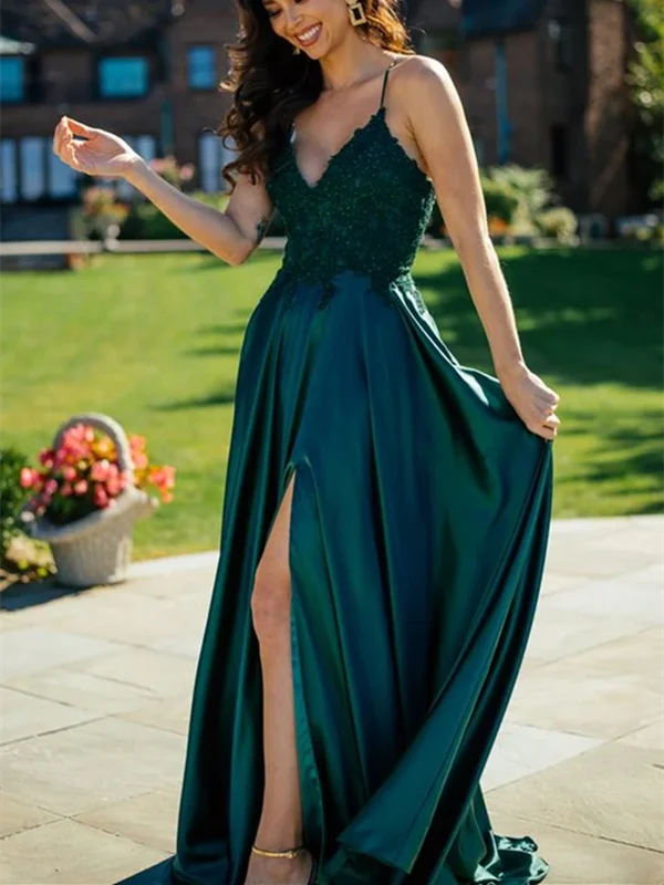 A Line V Neck Dark Green Lace Top Long Prom Dresses with Slit, Dark Green Lace Formal Graduation Evening Dresses Tunics stripes playful