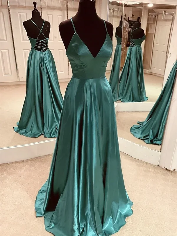 A Line V Neck Emerald Green Backless Satin Long Prom Dresses, Emerald Green Open Back Formal Evening Dresses Tunics Office stylish