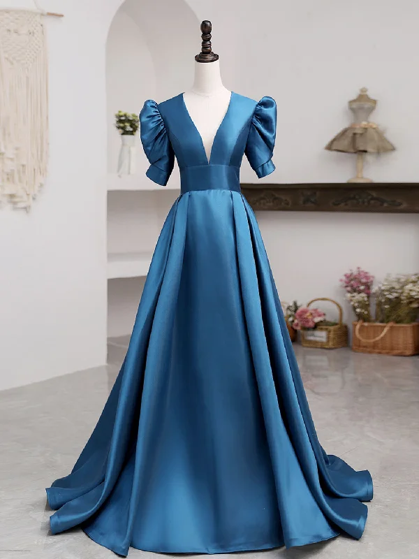 A-Line V Neck Satin Long Prom Dresses, Blue Satin Long Evening Dress Tunics Hiking breathable