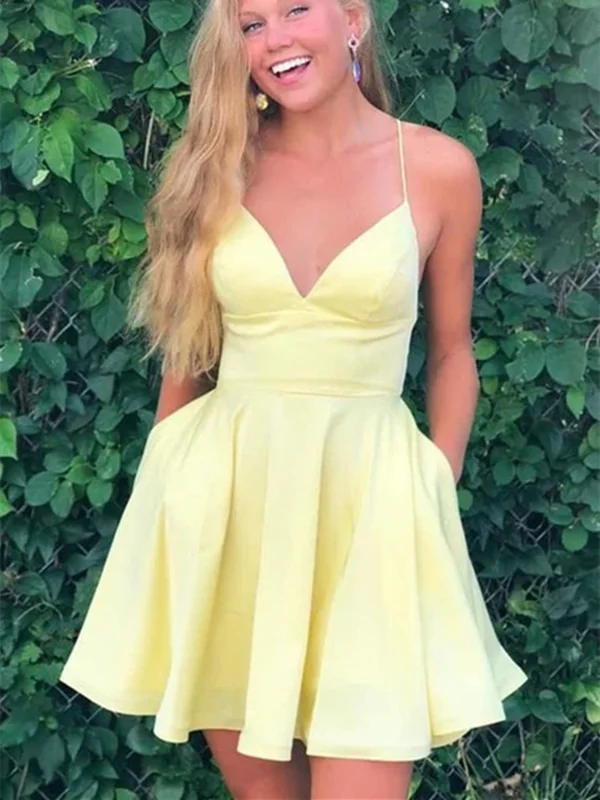 A Line V Neck Short Yellow Backless Prom Dresses, Short Yellow Formal Evening Dresses Shift Classic Vintage