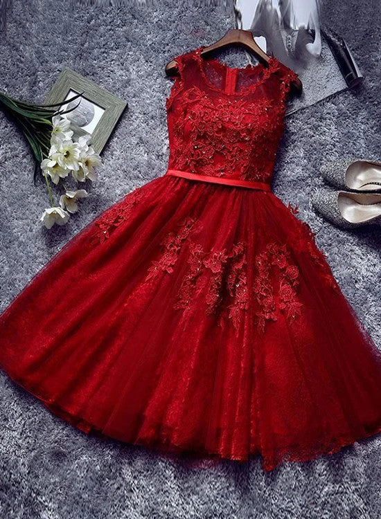 Adorable Tulle Round Neckline Tulle Party Dress with Applique, Wine Red Prom Dress Tunics Practical durable