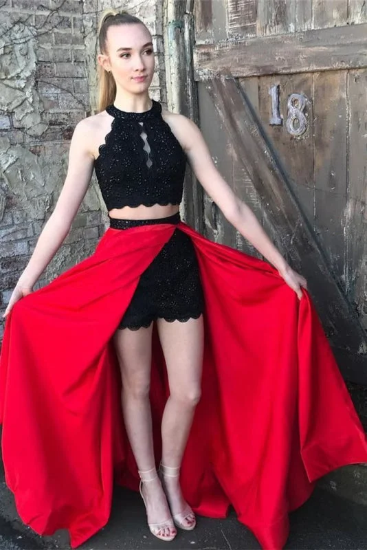 Attractive Excellent Red and Black A-line Jewel Split Sleeveless Lace Long Prom Party Dress Tunics Custom made