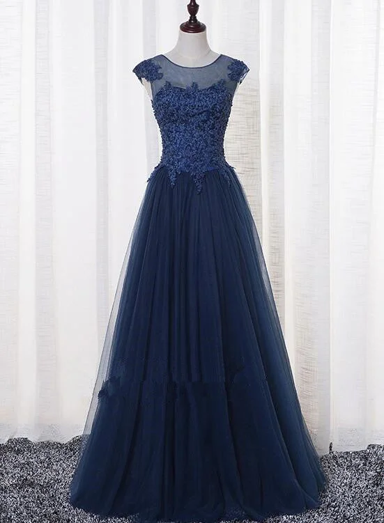 Beautiful Handmade Navy Blue Prom Dresses , Long Round Neckline Party Dresses empire Waist empire