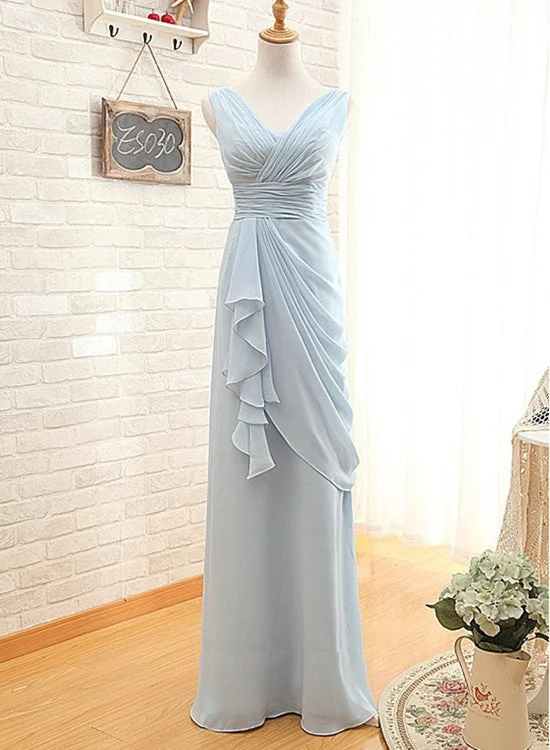 Beautiful Light Blue Bridesmaid Dresses, Chiffon Wedding Party Dresses, Prom Dresses Crew Neckline Casual