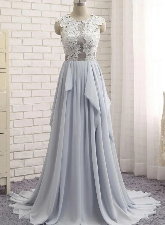 Beautiful Light Blue-Grey Chiffon Round Neckline Lace Elegant Formal Gowns, Prom Dresses, Chiffon Party Dresses empire Waist empire