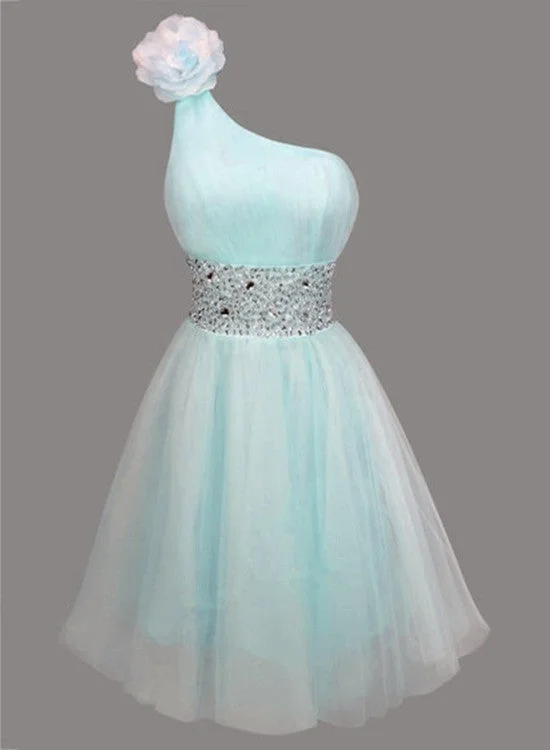 Beautiful Light Blue One Shoulder Homecoming Dresses, Blue Party Dress, Short Junior Party Dress Tunics Stylish elegant