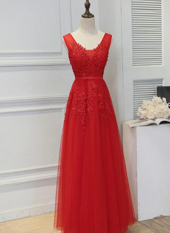 Beautiful Red Tulle V-neckline Long Party Dress , Red Tulle Party Dress, Handmade Formal Gowns Halter Neckline Beach