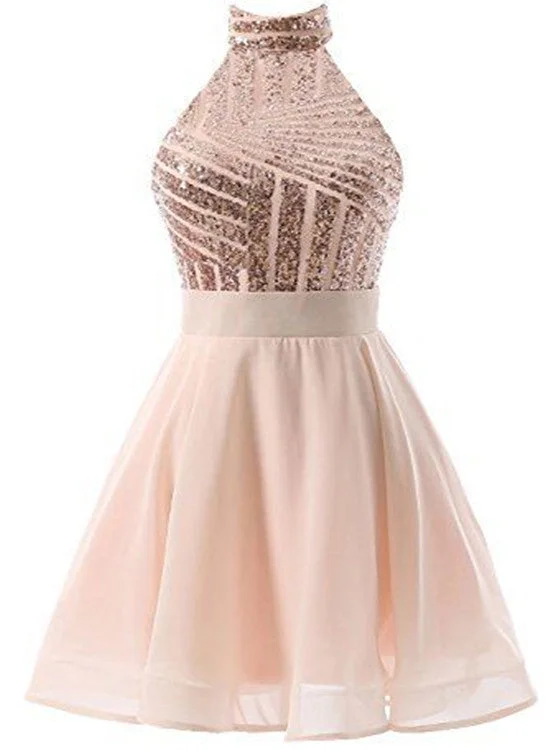 Beautiful Short Pink Sequins Knee Length Homecoming Dresses, Halter Teen Party Dress, Sequins Party Dress Tunics Review highly