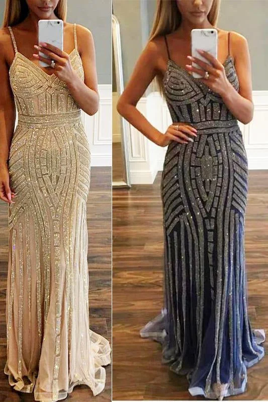 Best Amazing Modest Luxurious Mermaid Spaghetti Straps V-Neck Sparkly Sweep Train Prom Party Dress Off-the-shoulder Chic Trendy