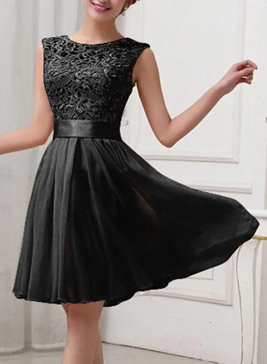 Black Chiffon and Lace Sleeves Knee Length Bridesmaid Dress, Black Party Dress, Short Prom Dress Tunics Trousers formal