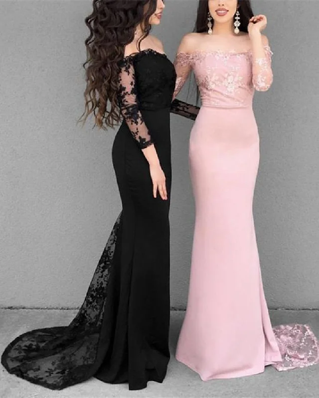 Black/Pink Mermaid Long Sleeves Lace Prom Dresses, Lace Mermaid Bridesmaid Dresses, Formal Evening Dresses Sequined Elegant Party